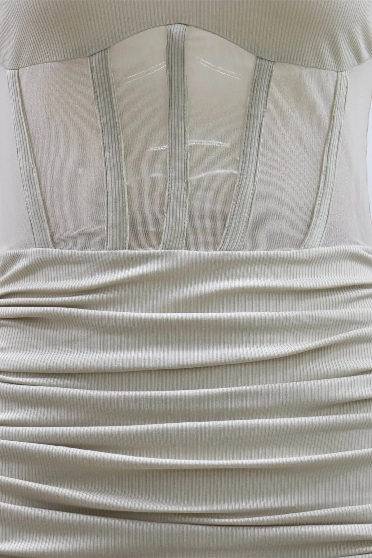 Long Sleeve Mesh Corset Ruched Bodycon Mini Dress in White - View 7