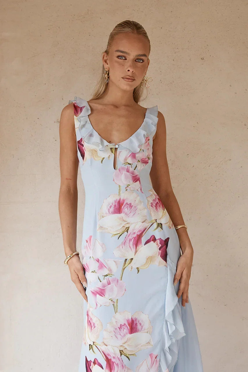 Floral Print Ruffle Scoop Neck Sleeveless High Split Maxi Dress 4