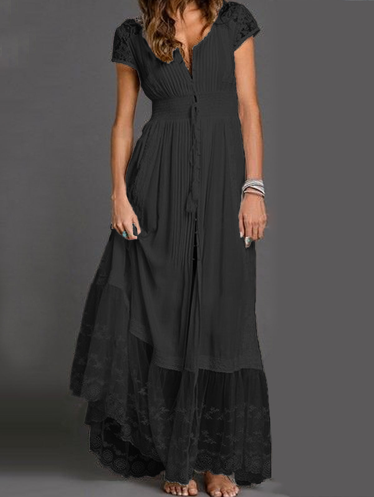 Lace Splicing Fringe Pleated Maxi Dress Short Sleeve - View 2