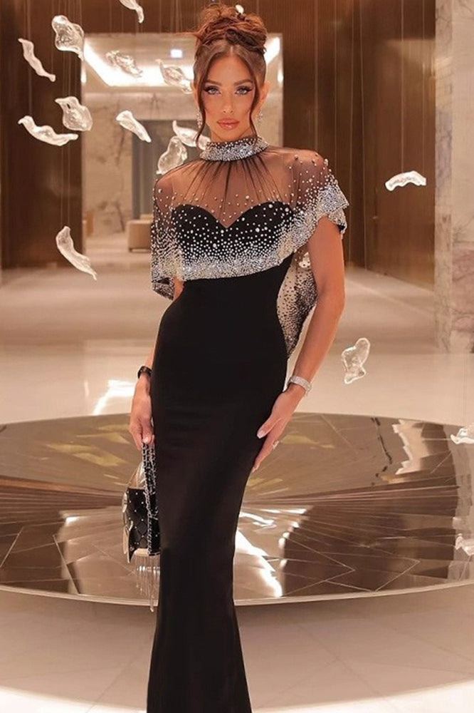 Beaded Rhinestone Shawl Sleeveless Formal Dress - View 2