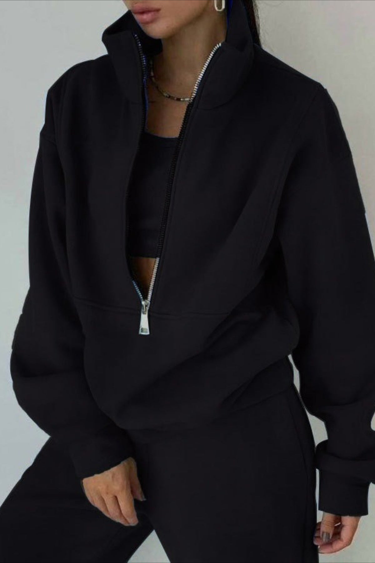 High Collar Half Zip Oversized Fleece Sweatshirt and Joggers Two Piece Set
