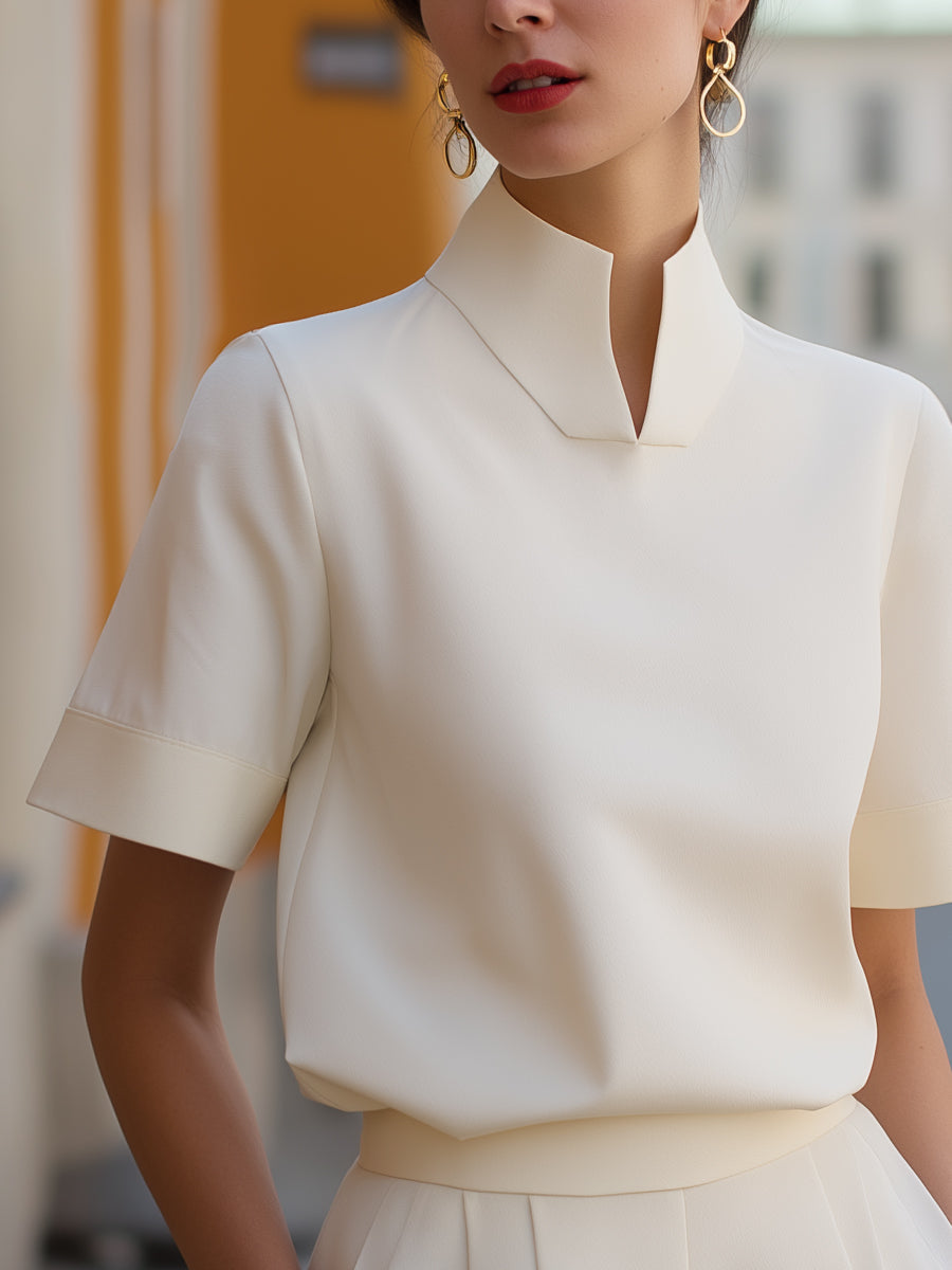 Stand Collar Split Neck Short Sleeve Blouse
