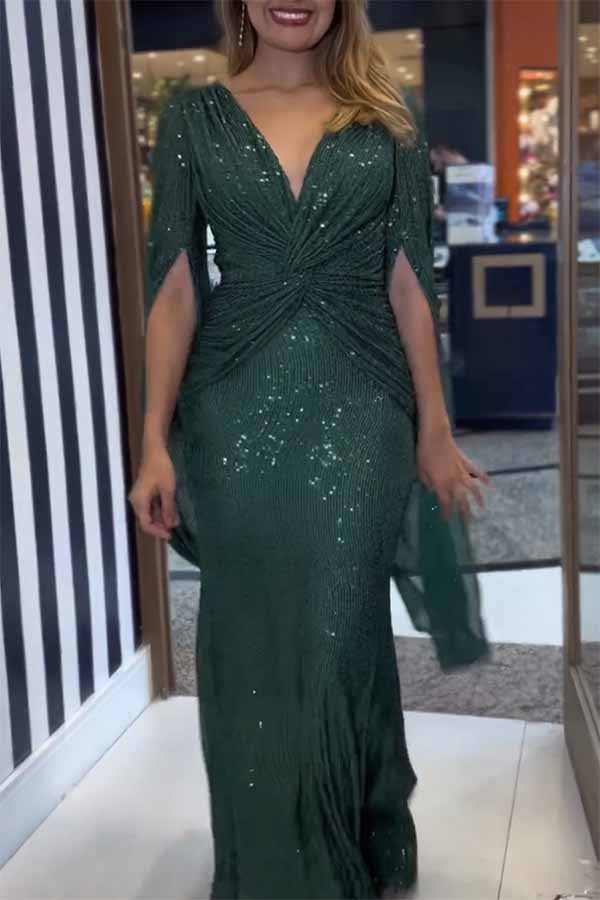 Sequin Deep V-Neck Cape Sleeve Twist Waist Maxi Dress