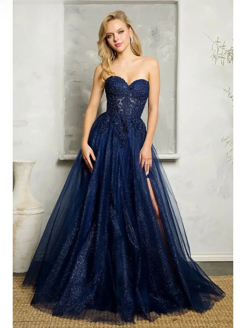 Lace Strapless Sweetheart High Split Tulle A-Line Gown