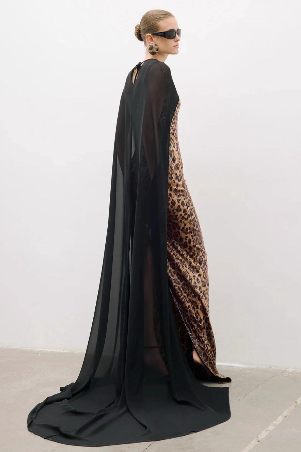 Leopard Sequin Sheer Cape Cut Out Mermaid Maxi Gown