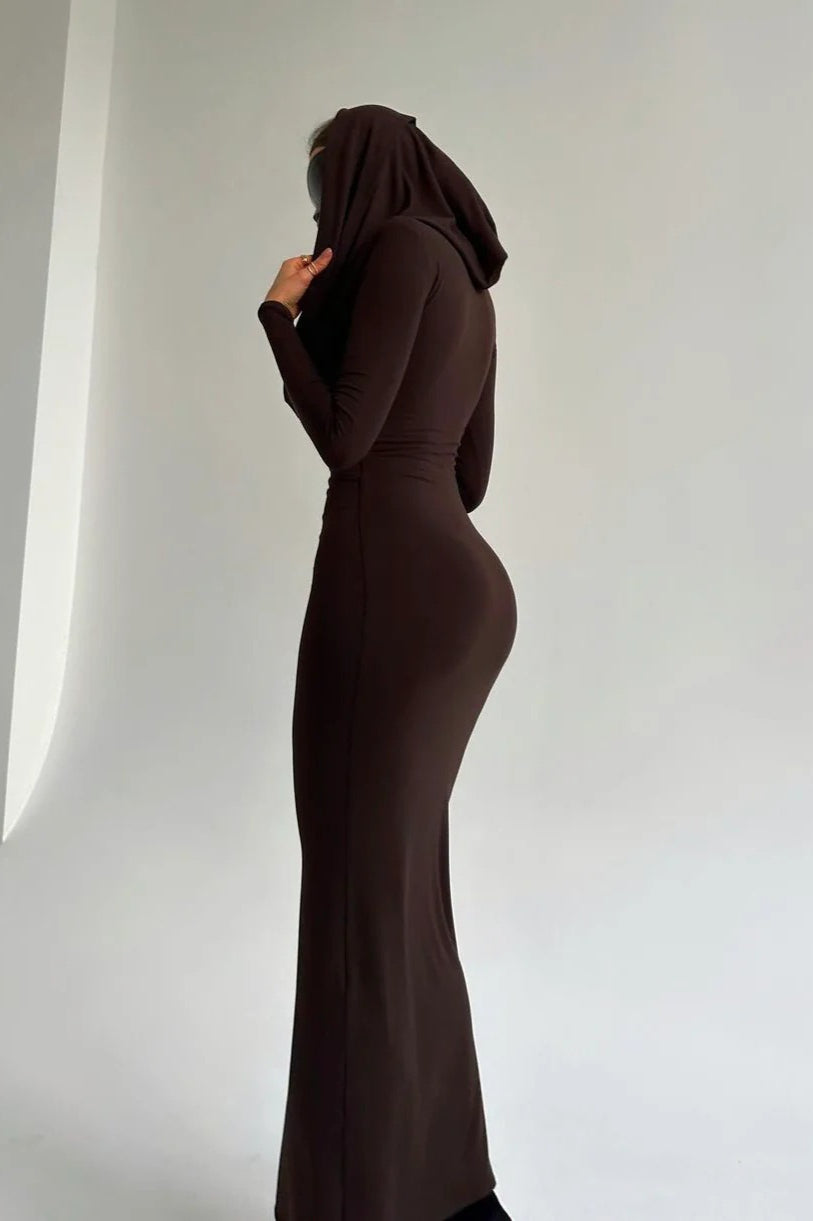 Cowl Neck Hooded Long Sleeve Bodycon Maxi Dress