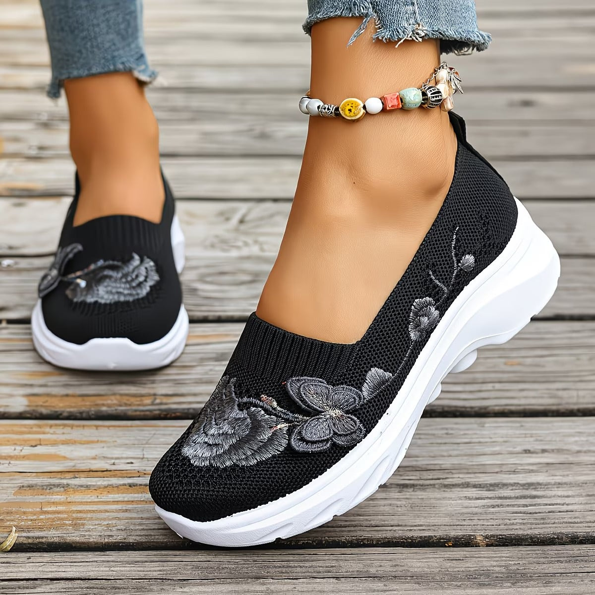 Floral Appliqué Knit Slip On Flats 6