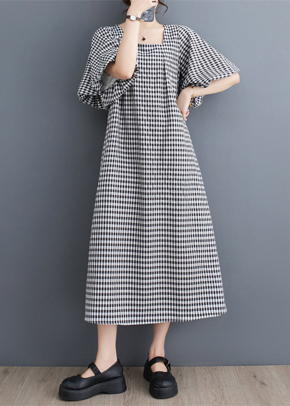 Gingham Square Neck Flutter Sleeve A-Line Shift Midi Dress