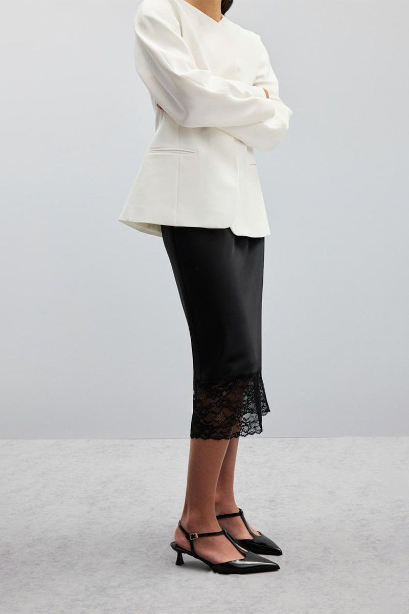 Lace Insert Solid Color Satin Skirt