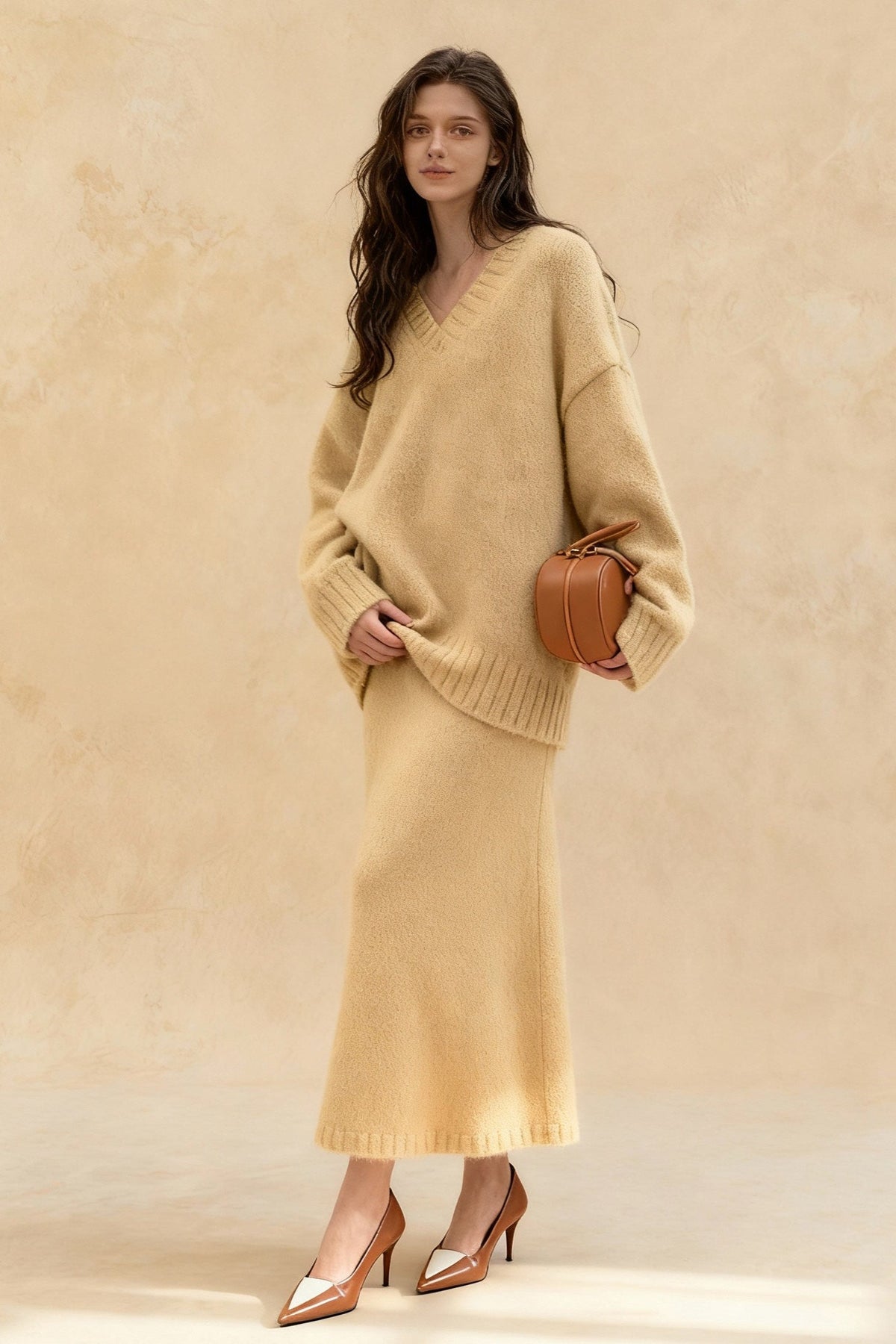 V-Neck Oversized Fuzzy Knit Sweater and Mermaid Midi Skirt Two Piece Set 2