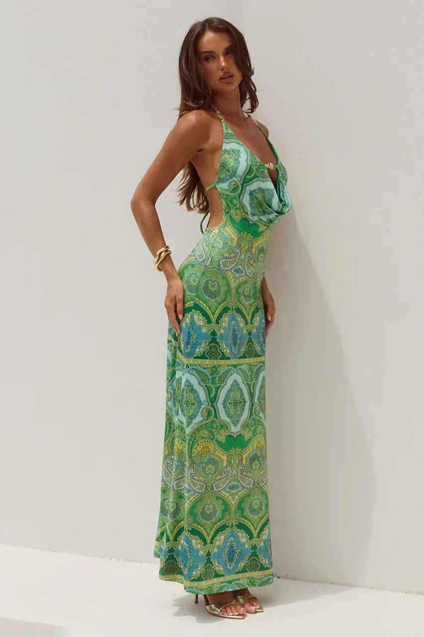Paisley Print Halter Cowl Neck Ring Detail Bodycon Maxi Dress 4