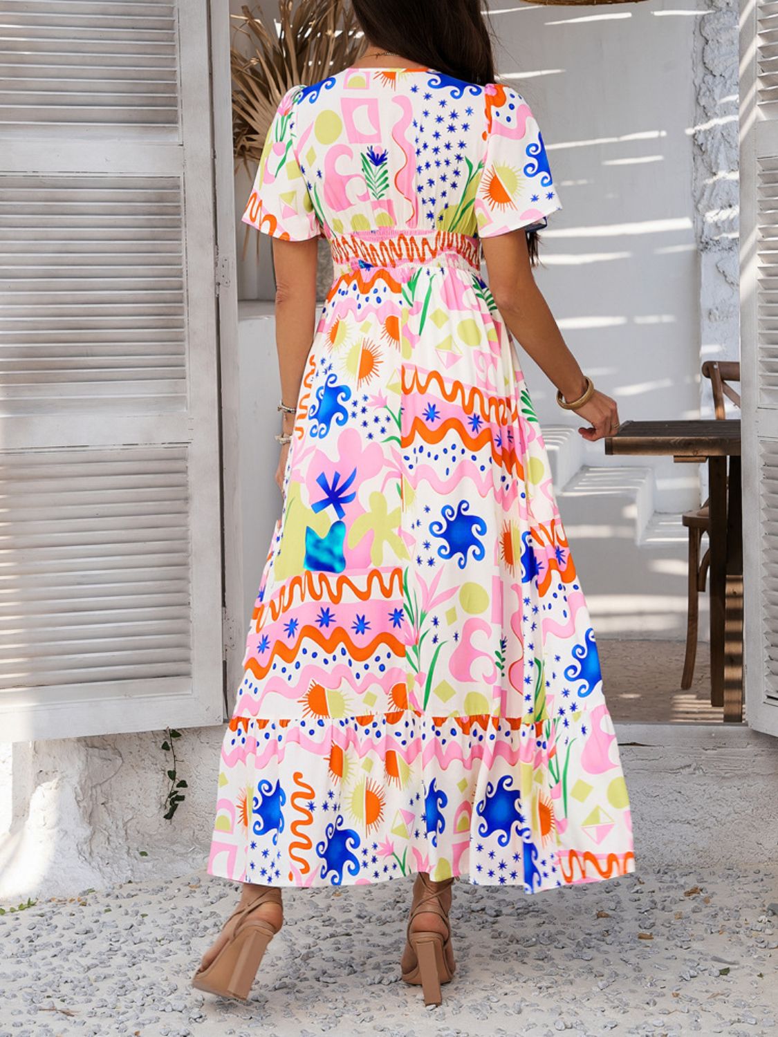 Geometric Tile Print V-Neck Short Sleeve Smocked Waist Ruffle Hem Maxi Dress 10