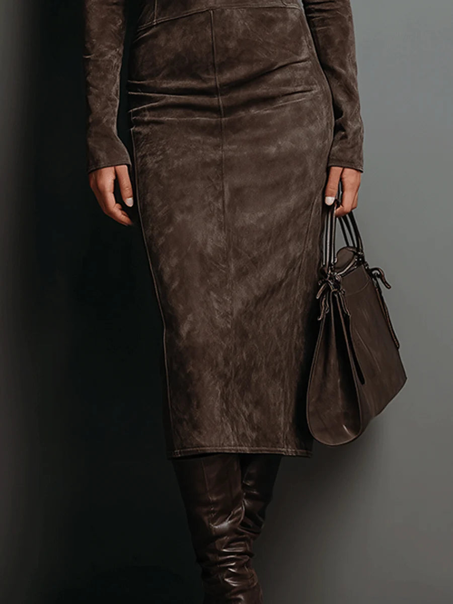 Suede Look High Neck Long Sleeve Bodycon Midi Dress