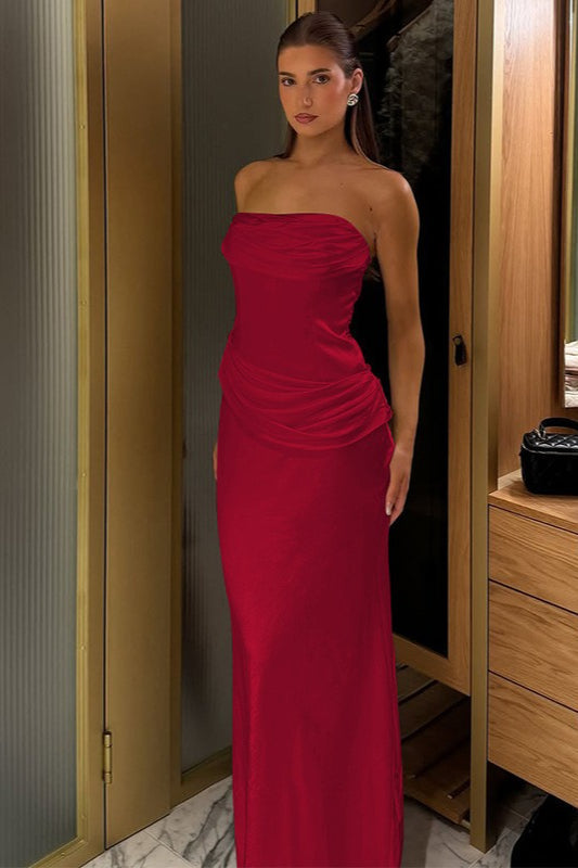 Satin Strapless Ruched Maxi Formal Dress