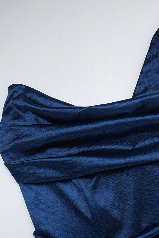 Satin Deep V-Neck Ruched High Split Mermaid Gown - View 11
