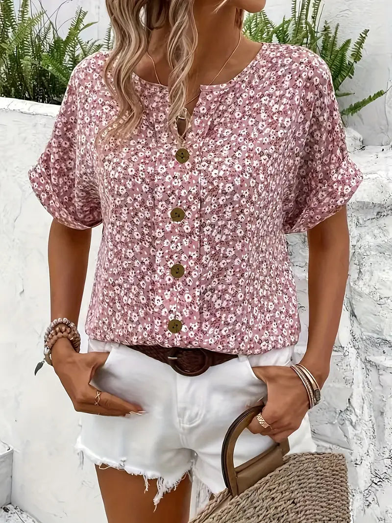 Ditsy Floral Button Front Short Sleeve Blouse 4