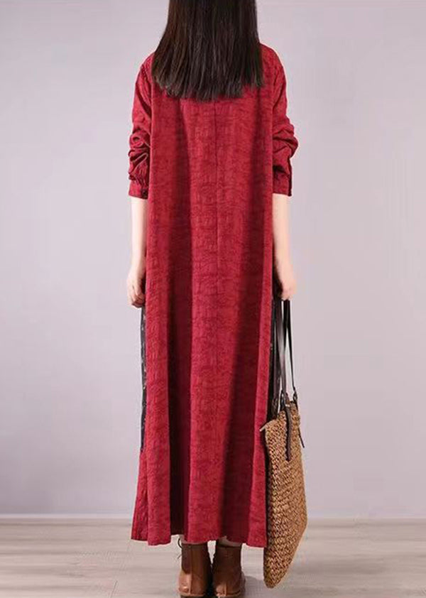 Linen Stand Collar Button Front Patchwork Panel Pocket Maxi Dress