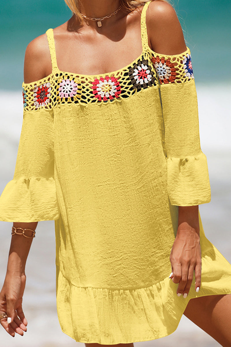Crocheted Off Shoulder Short Solid Color Sunscreen Beach Skirt