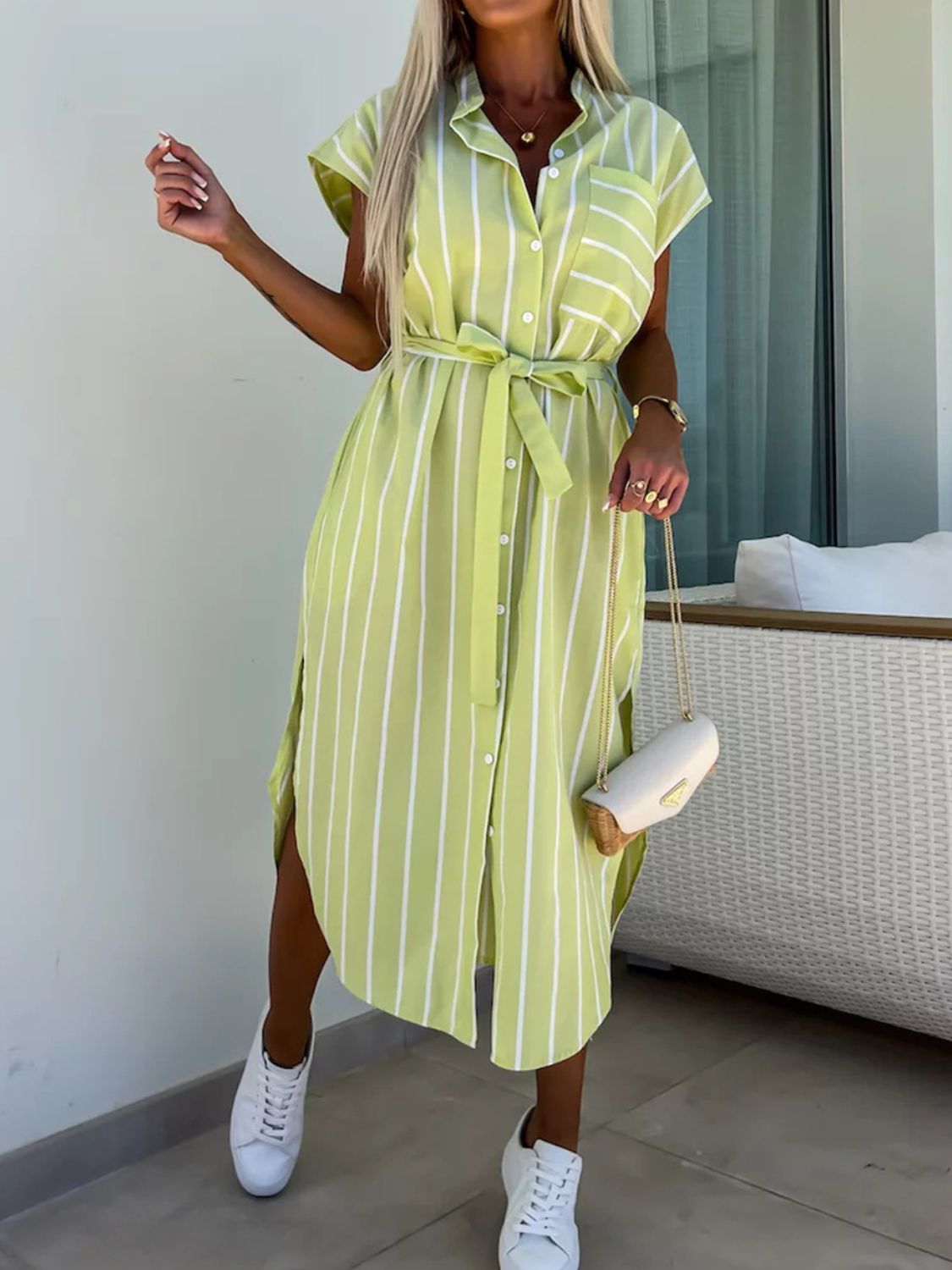 Elevated Charlotte Striped Midi Dress with Buttons Everyday Luxe Edit