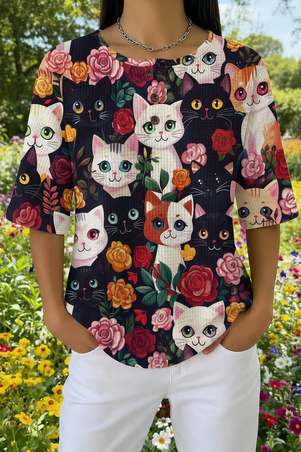 Floral Cat Print Henley Button Half Sleeve Waffle Knit Top