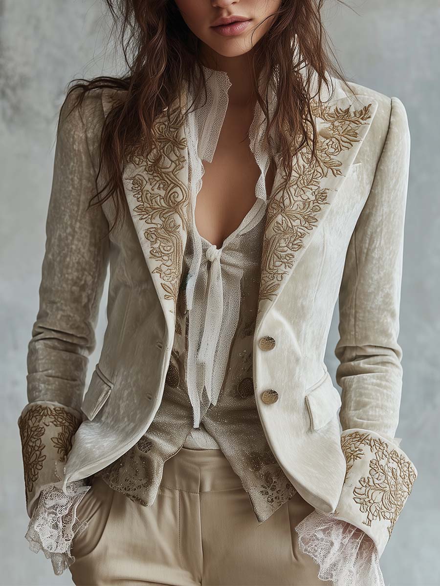Velvet-Look Embroidered Lapel Lace Cuff Blazer