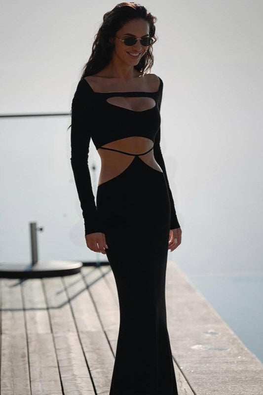 Square Neck Long Sleeve Cut Out Bodycon Maxi Dress