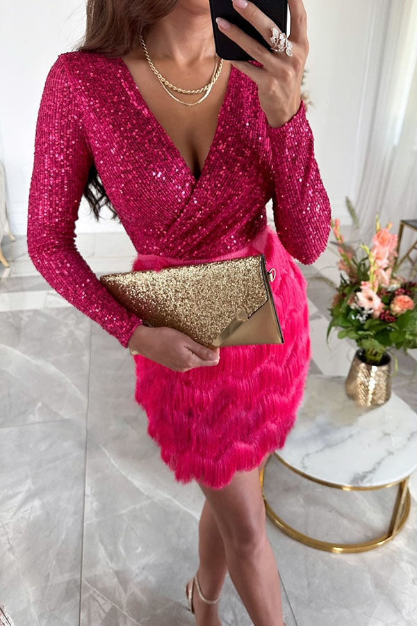 Sequin Deep V-Neck Long Sleeve Tassel Fringe Mini Dress