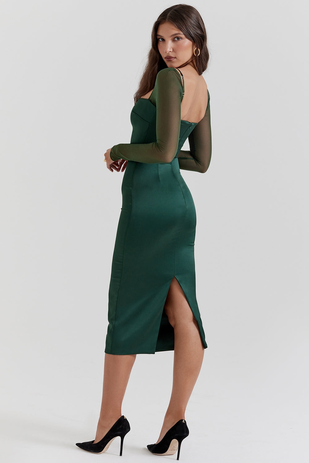 Satin Square Neck Mesh Long Sleeve Bodycon Midi Dress 8