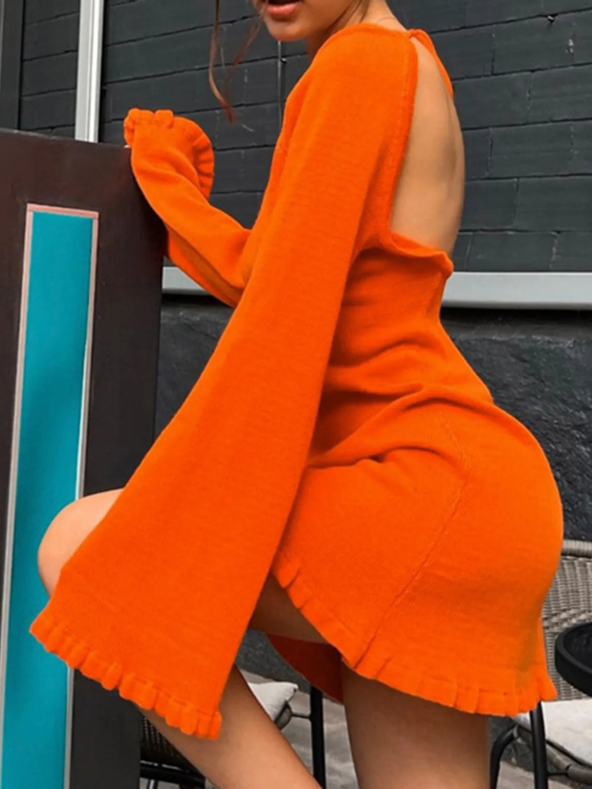 Knit Flare Long Sleeve Open Back Ruffle Hem Sweater Mini Dress