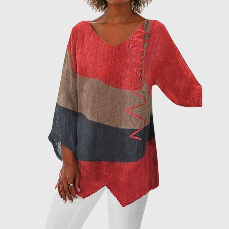 Colorblock V-Neck Long Sleeve Asymmetric Tunic Top