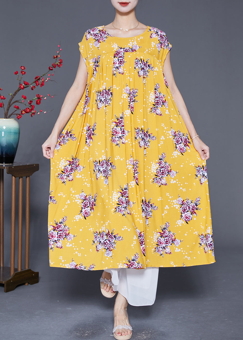 Sleeveless Round Neck Pleated Gathered A-Line Midi Dress