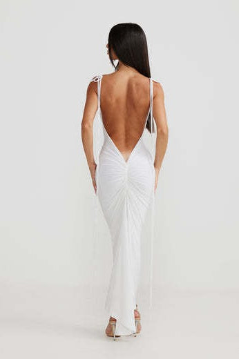 Cowl Neck Spaghetti Strap Backless Ruched Bodycon Maxi Dress
