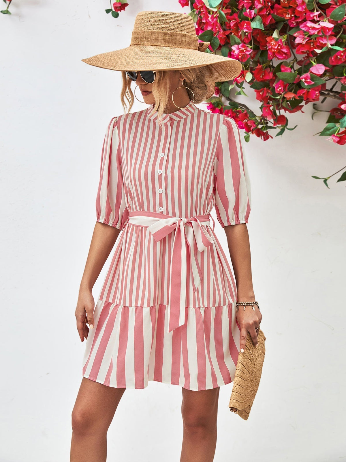 Striped Puff Sleeve Button Front Belted Ruffle Hem Mini Dress 3