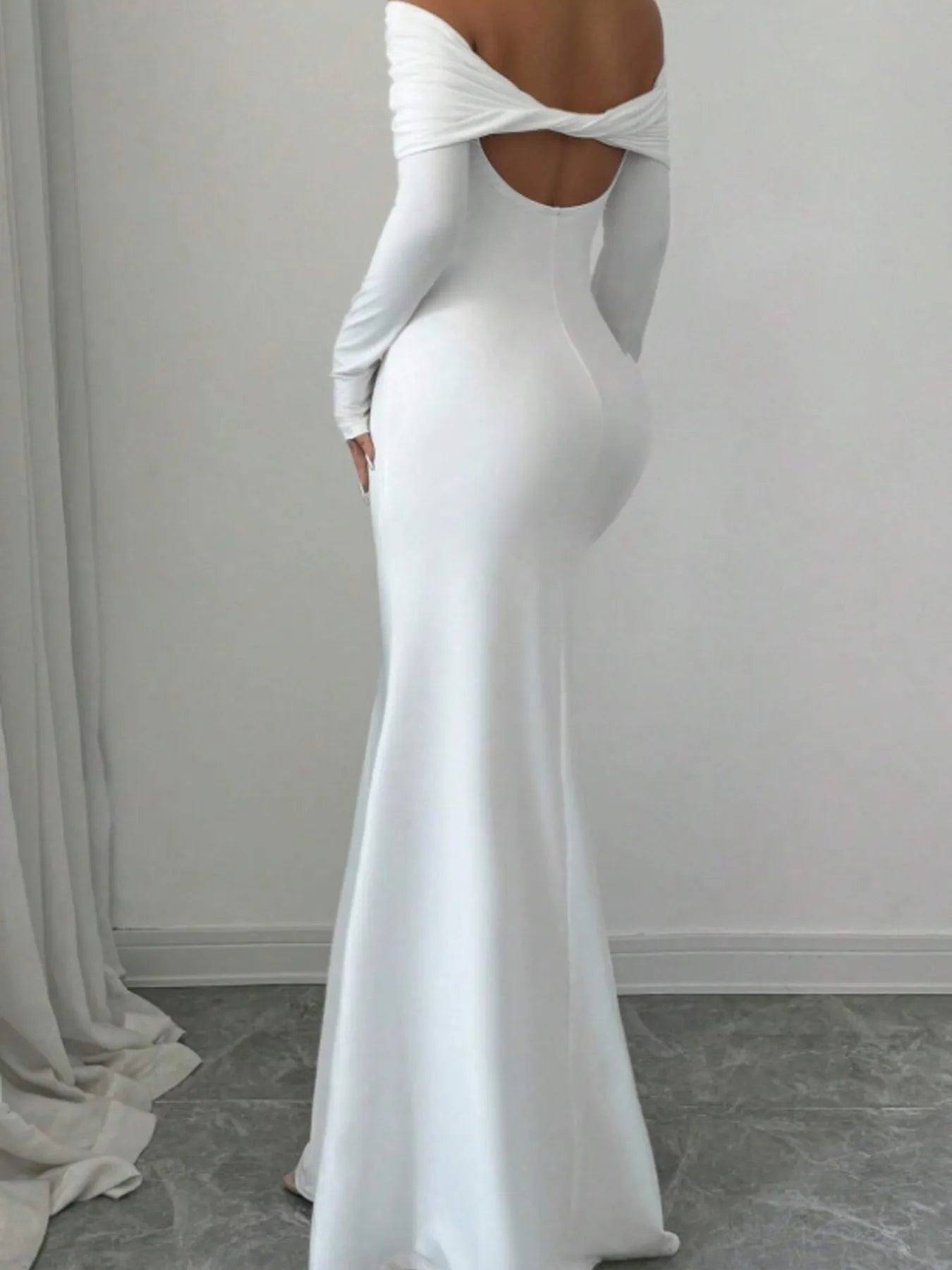 Fold Over Off Shoulder Long Sleeve Twist Back Bodycon Maxi Dress 6