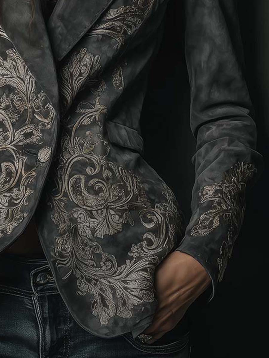 Floral Embossed Suede Look Single Button Blazer