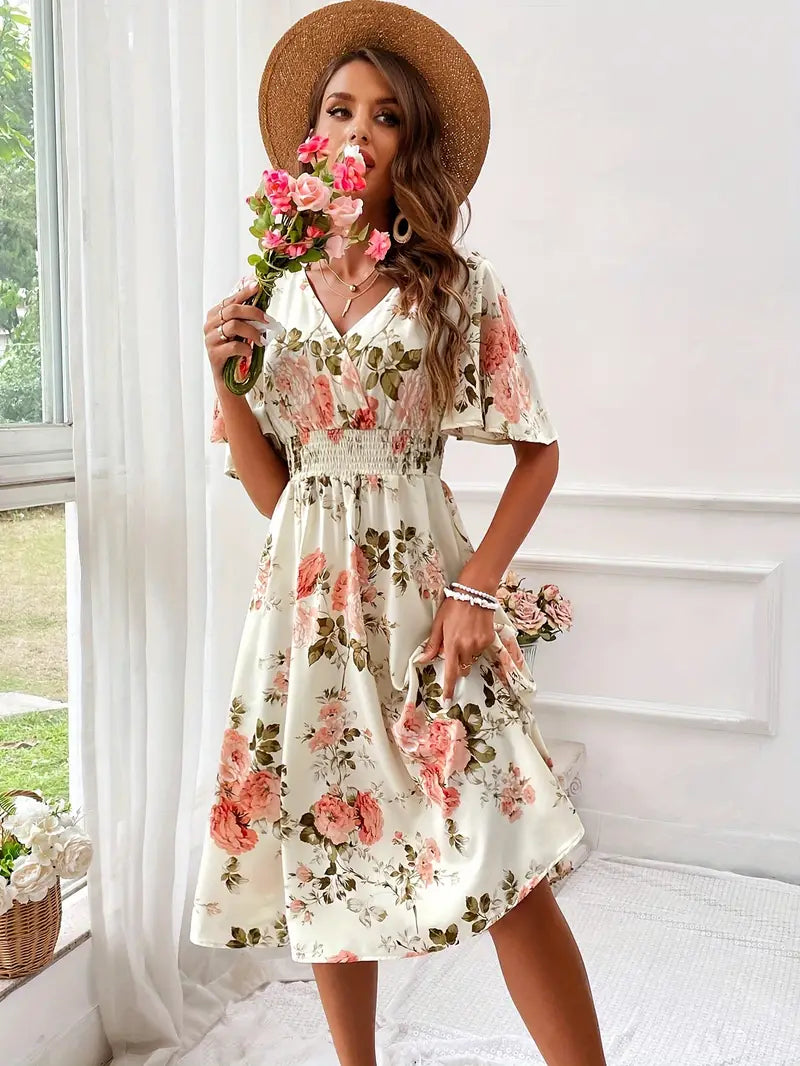 Floral Print V-Neck Flutter Sleeve Shirred Waist Midi Dress