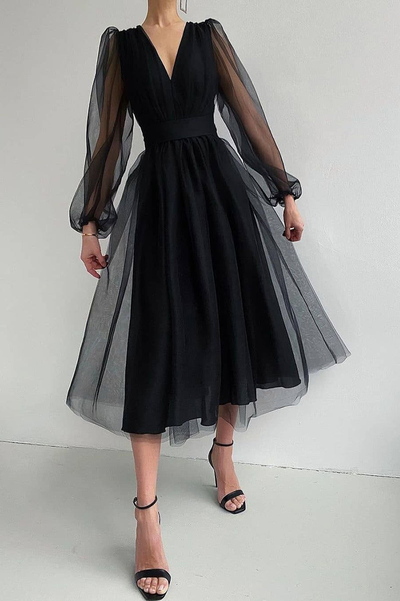 Tulle Deep V-Neck Split Lantern Sleeve Pleated Waistband A-Line Midi Dress