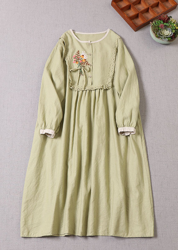 Embroidered Floral Lace Trim Empire Waist Long Sleeve A-Line Midi Dress