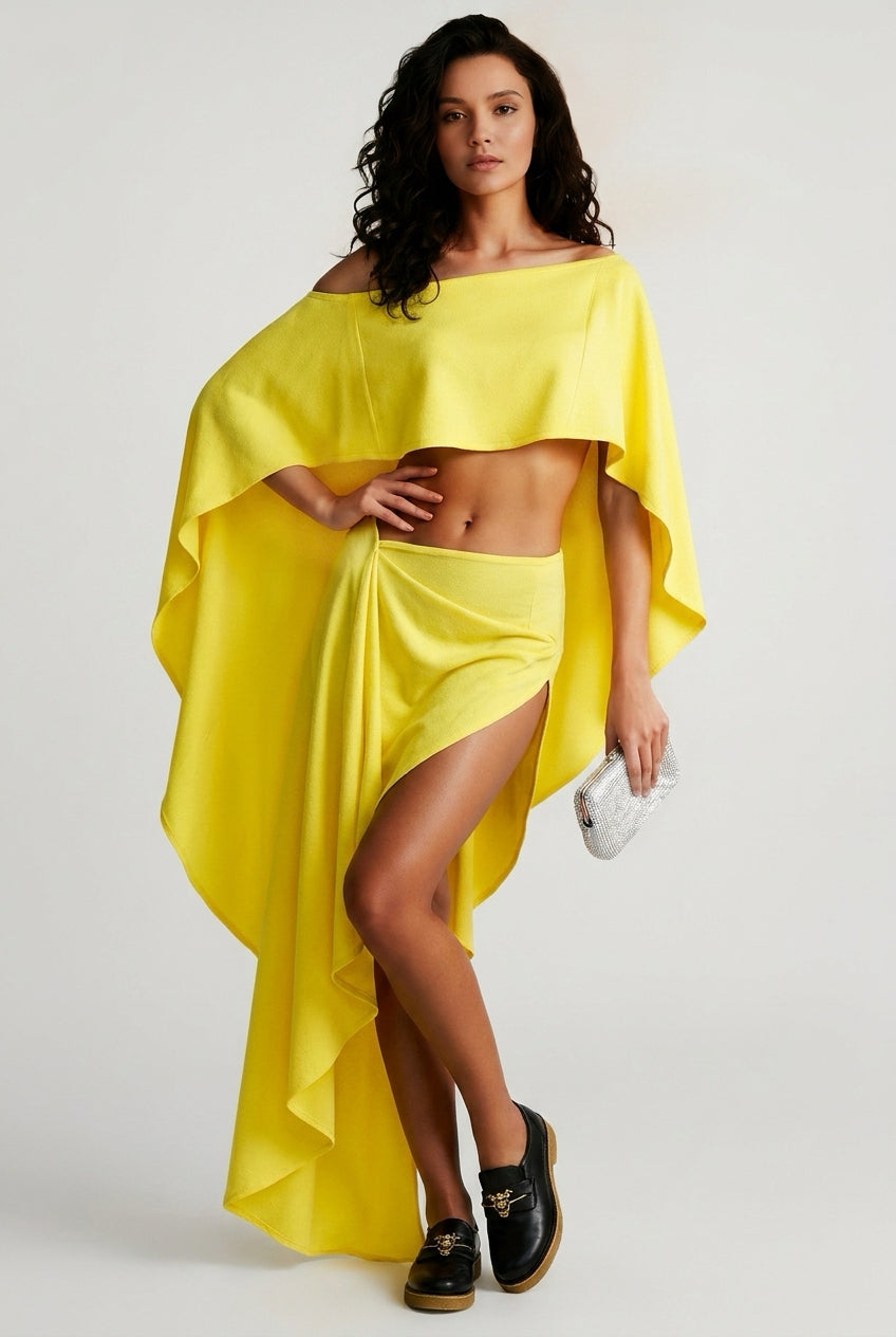 Off Shoulder Cape Crop Top and High Low Draped Skirt Two Piece Set