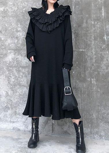 Tiered Ruffle Collar Long Sleeve Ribbed Cuff Flounce Hem Midi Dress