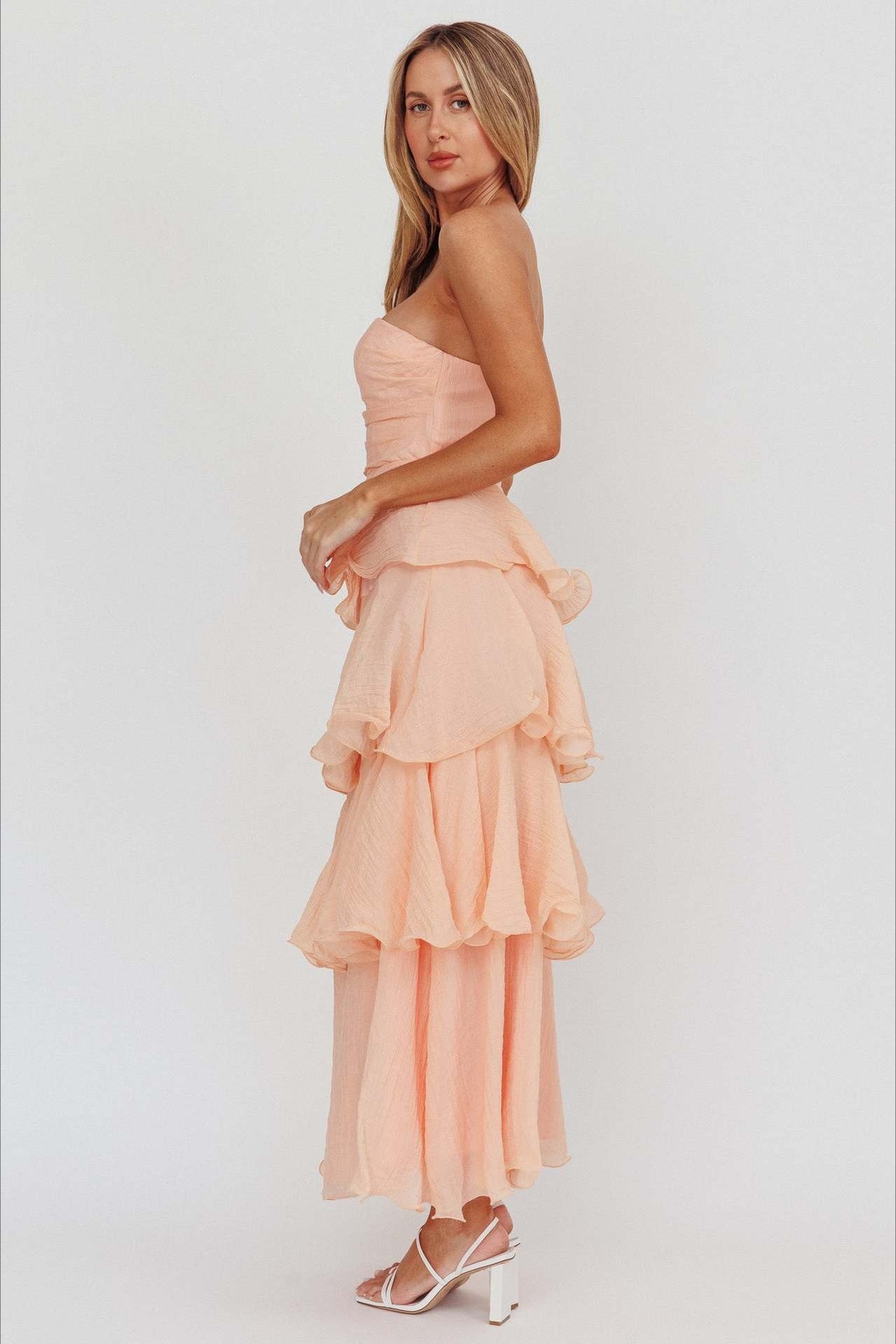 Strapless Tiered Ruffle Fit and Flare Midi Dress