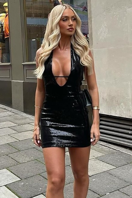 Sequin Halter Neck Deep V-Neck Cut Out Bodycon Mini Dress