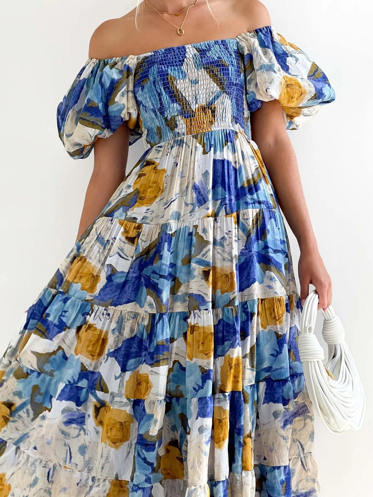Floral Off Shoulder Smocked Puff Sleeve Tiered Maxi Dress 12