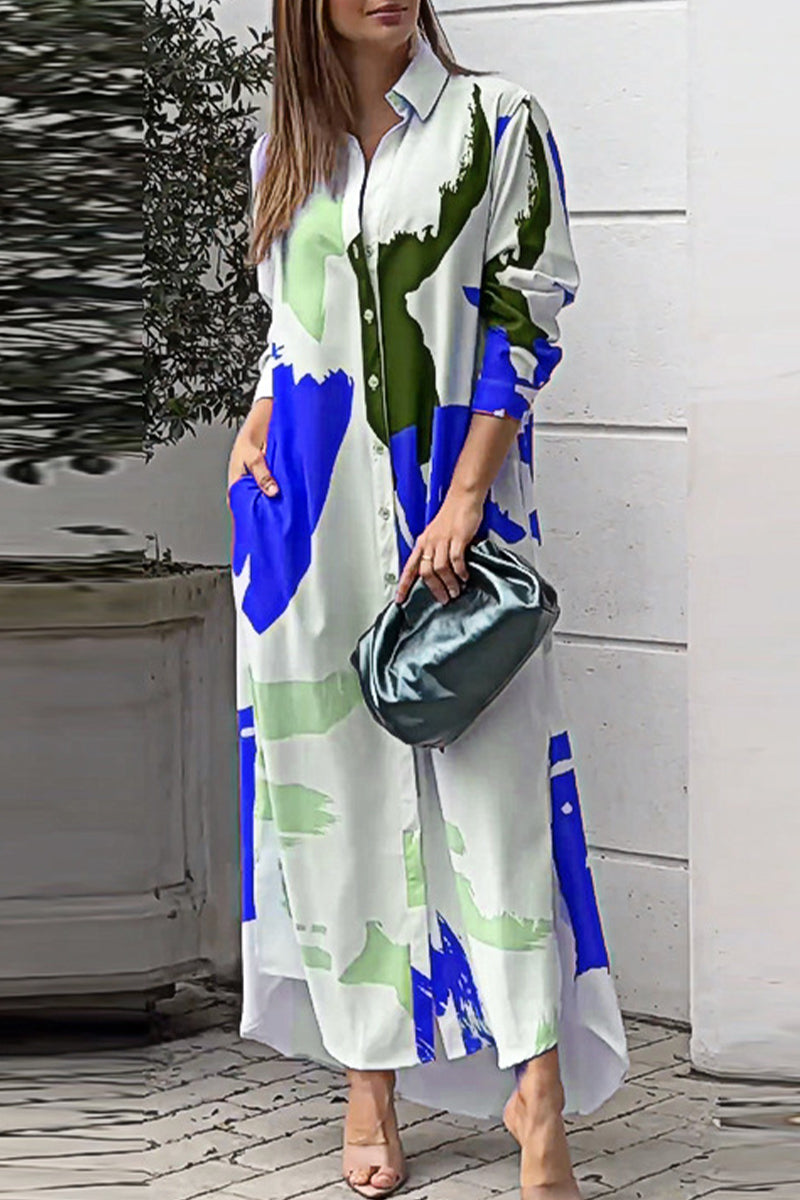 Collared Button Front Long Sleeve Pocket Slit Maxi Shirt Dress