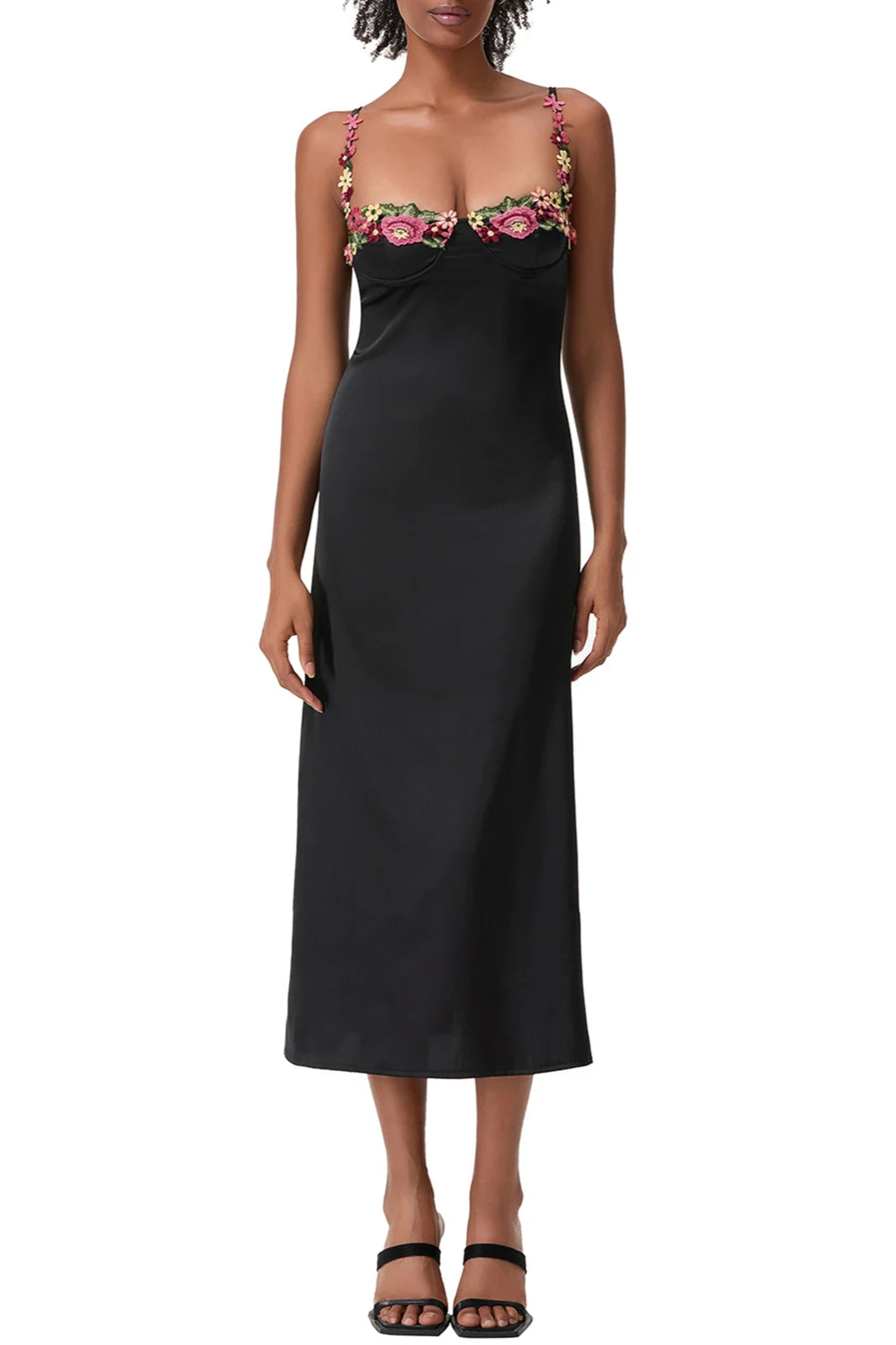 Satin Sweetheart Spaghetti Strap Floral Embroidery Bodycon Midi Dress