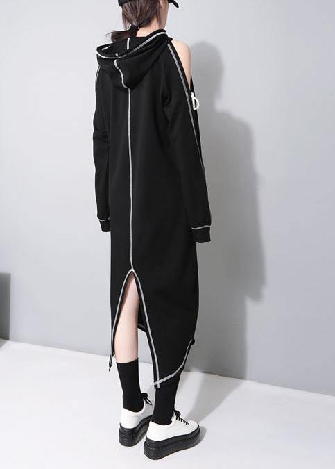 Cold Shoulder Hooded Long Sleeve Kangaroo Pocket Stripe Detail Curved Hem Maxi Dress