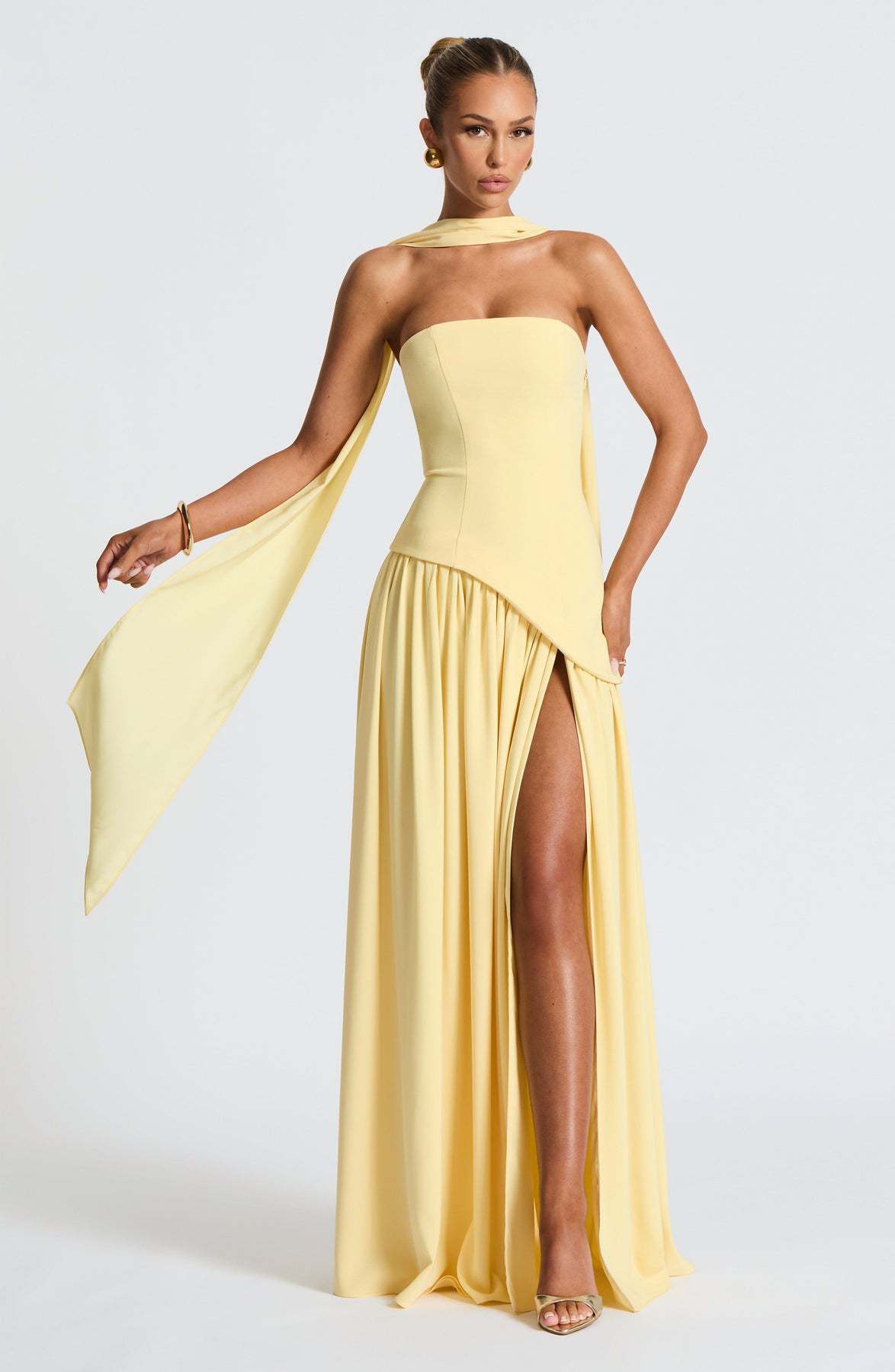 Strapless Asymmetric Drop Waist High Split Maxi Dress with Scarf