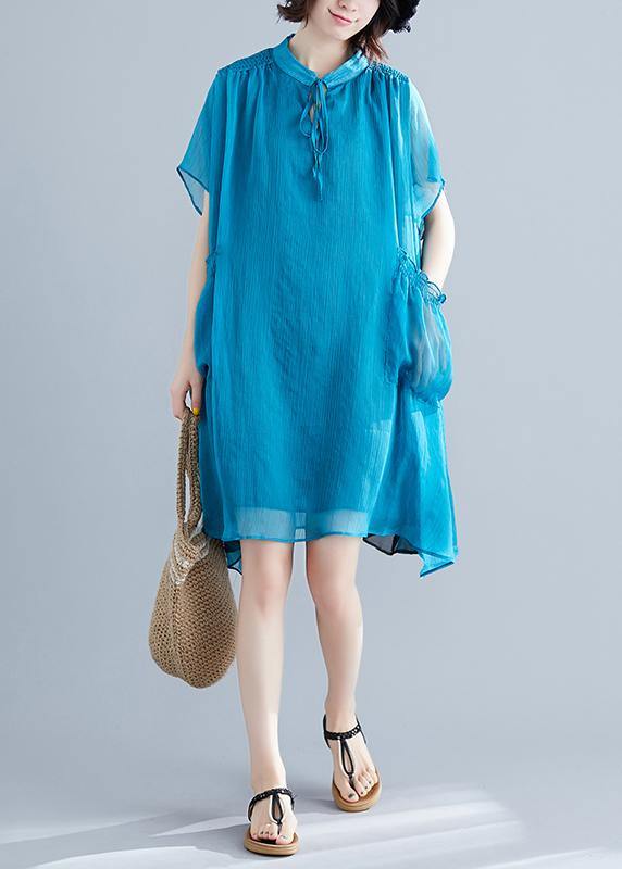 Stand Collar Tie Neck Cap Sleeve Ruffle Pocket Chiffon Mini Dress