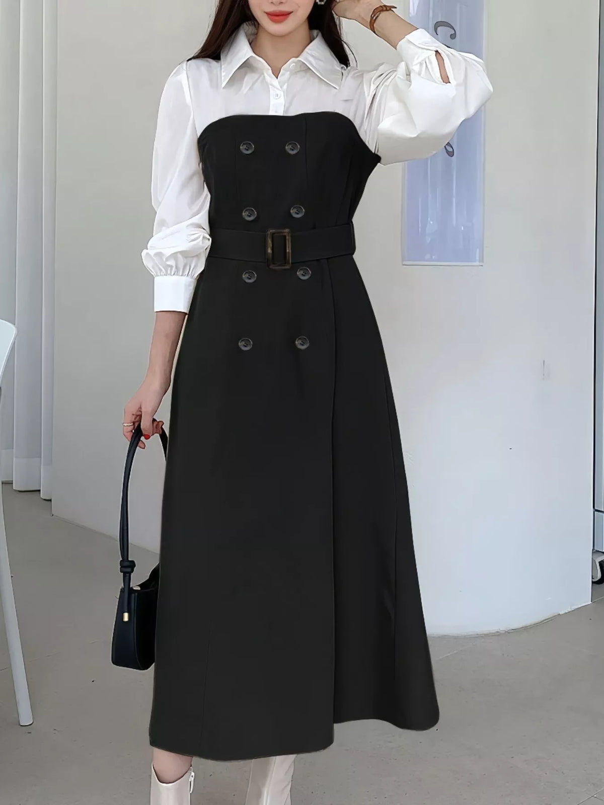 Two Tone Long Sleeve Collared Neck Dress