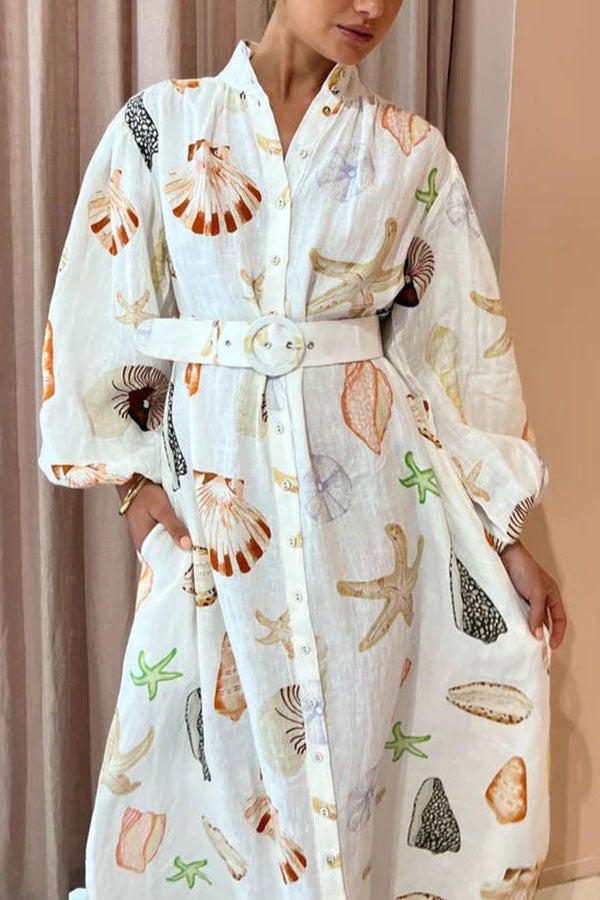 Swinton Marine Element Print Pocket Balloon Sleeve Belted Maxi Dress